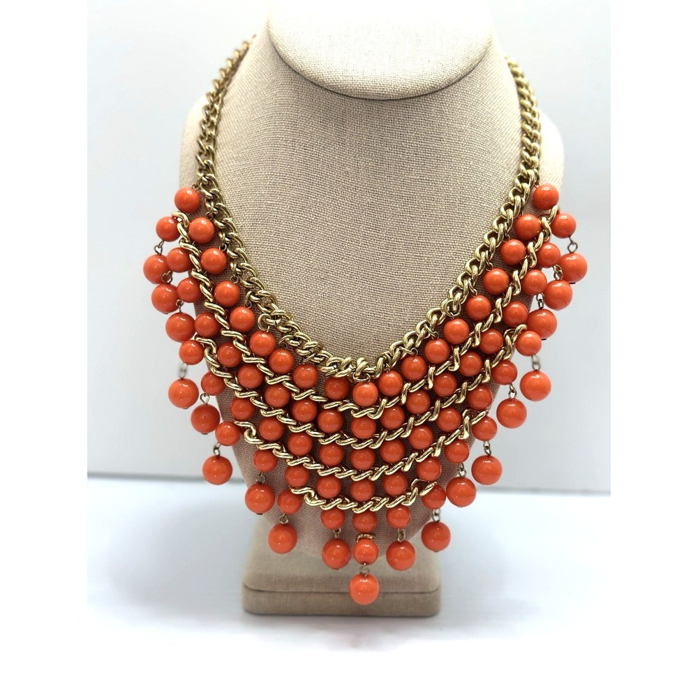 LUCIA Signed Orange Beaded Statement Necklace Gold Tone Bib Fringe Chunky Bold